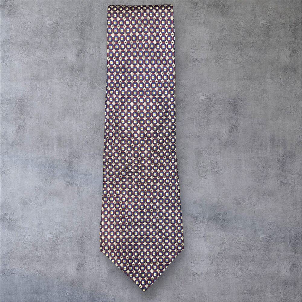 Lauren Ralph Lauren Silk Tie Made in USA Burgundy Geometric RL Hand Finished